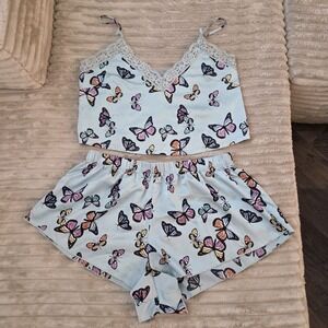 Colsie Butterfly Pajama Set Light Blue Cami Shorts M Top XS Lace Trim Satin